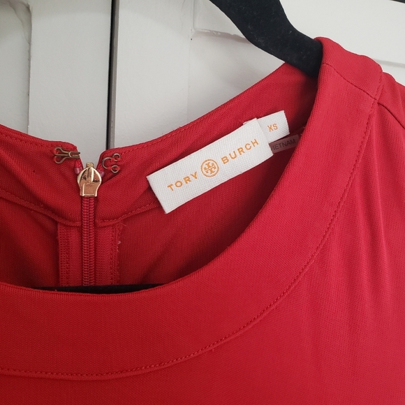 Tory Burch Sheath Dress Deeann Holiday Red Jersey Fluted Hem Size XS - Picture 3 of 12